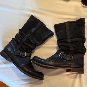 John Varvatos Black Leather Slouch Buckle Boots